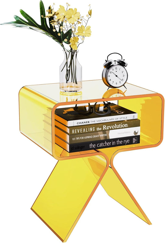 Acrylic Nightstand Side Table Modern Design Clear Home Decor Display End Table for Living Room (Yellow)