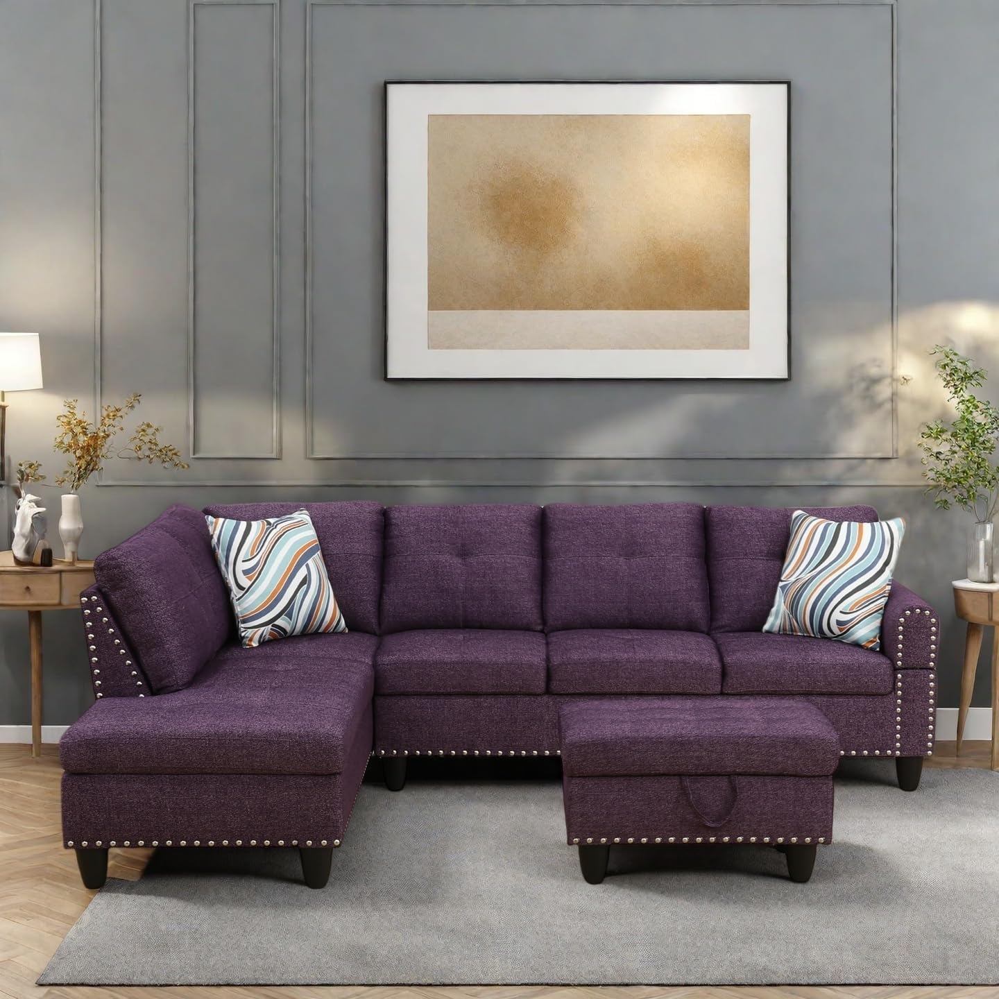 Modern Living Room Furniture Sets with Cup Holder, Modular Sectional Couches with Chaise Lounge, 4-Seaters L Shape Sofa with Storage Ottoman, for Living Room, Apartment, Purple