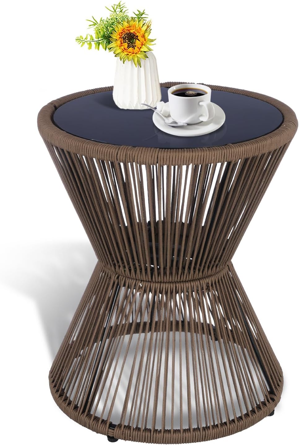 LEWIS&WAYNE Small Outdoor Side Table Patio 20’’ H Woven Rope Hourglass End Table with Glass Top Round Coffee Table for Living Room Outdoor Patio Backyard Poolside (Brown)