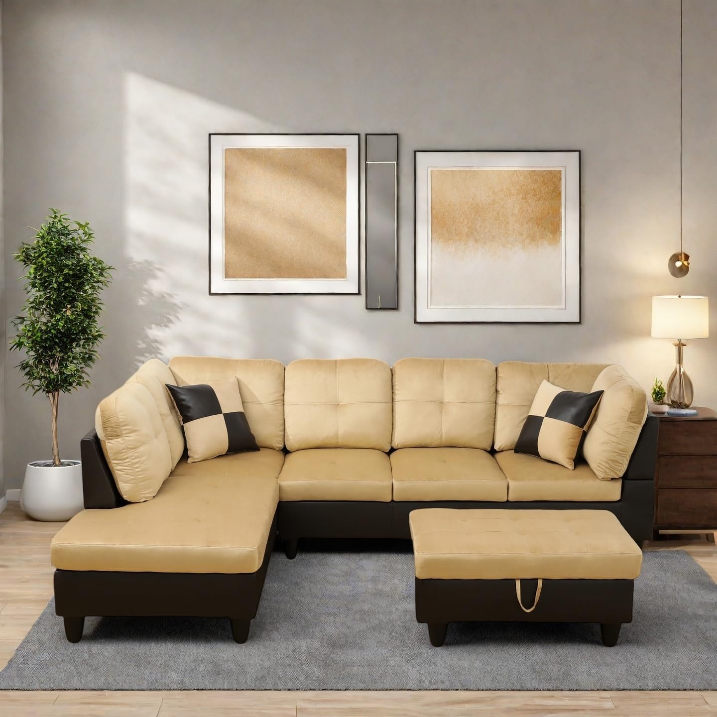 Modern Living Room Furniture Sets with Pillows, Modular Sectional Couches with Chaise Lounge, 4-Seaters L Shape Sofa with Storage Ottoman, for Living Room, Beige and Brown