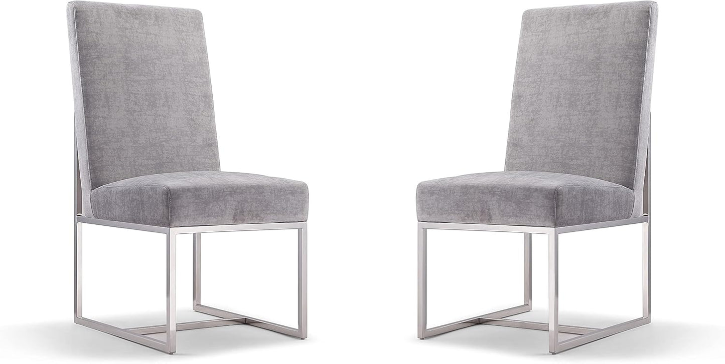 Manhattan Comfort Element Modern Velvet Dining Chairs, High Density Foam, Chrome Finish Stainless Steel Frame, High-Back, Fully Assembled Industrial Chic Accent Furniture, Set of 2, Grey