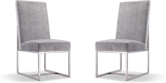 Manhattan Comfort Element Modern Velvet Dining Chairs, High Density Foam, Chrome Finish Stainless Steel Frame, High-Back, Fully Assembled Industrial Chic Accent Furniture, Set of 2, Grey