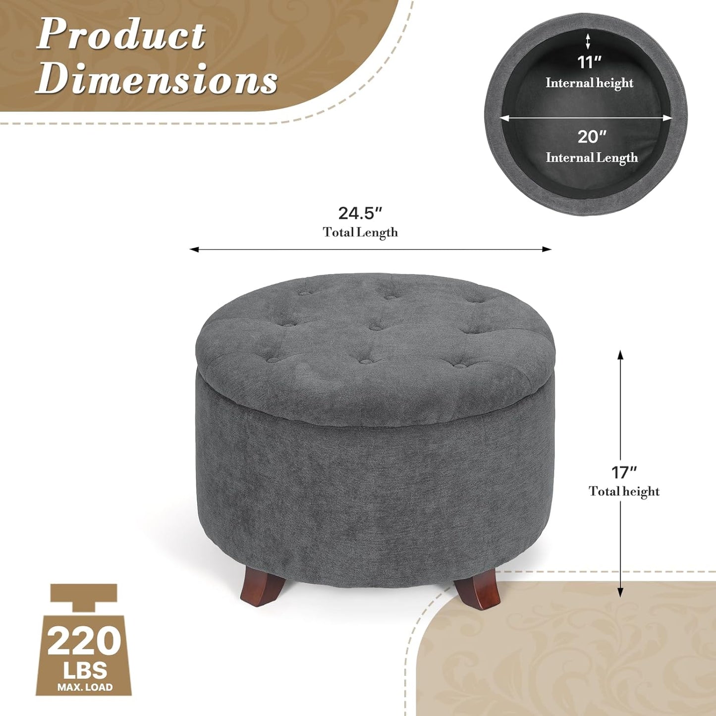 Athena Collection 24.5 Inch Small Ottoman with Storage, Round Linen Fabric Storage Ottoman Foot Rest with Removable Lid, Multipurpose Footstool Footrest for Livingroom, Bedroom, Dorm, Dark Grey