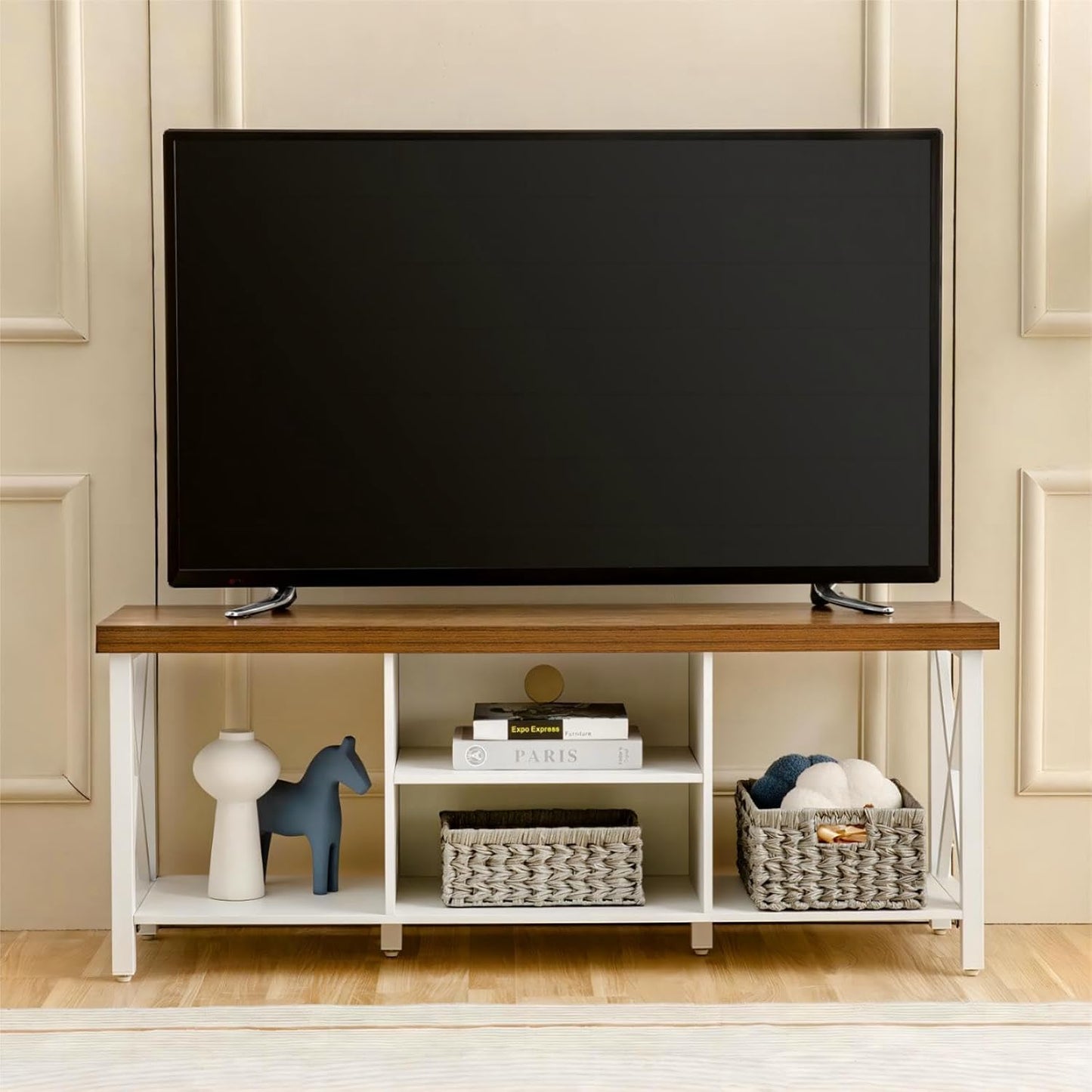 GAZHOME TV Stand for TV up to 55 Inches, TV Cabinet with Open Storage, TV Console Unit with Shelving for Living Room, Entertainment Room, White