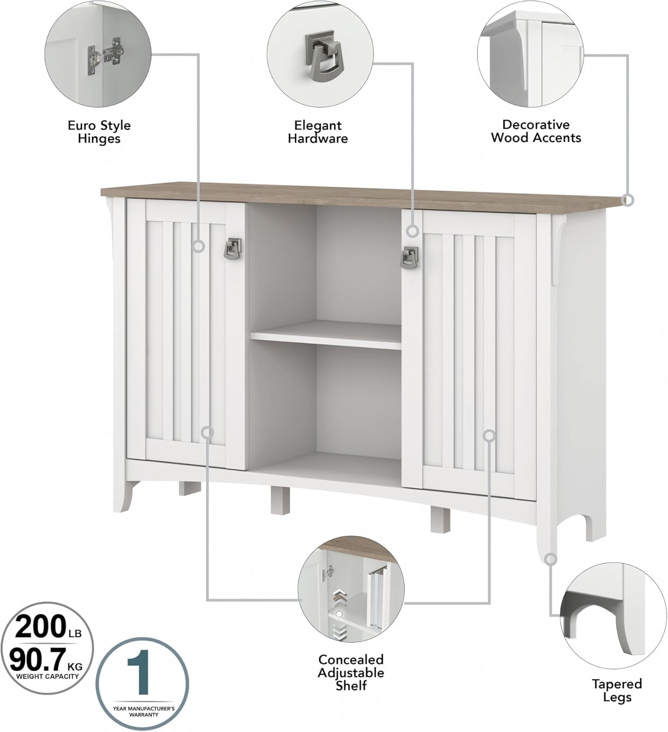 Bush Furniture Salinas Accent Storage Cabinet with Doors in Pure White and Shiplap Gray