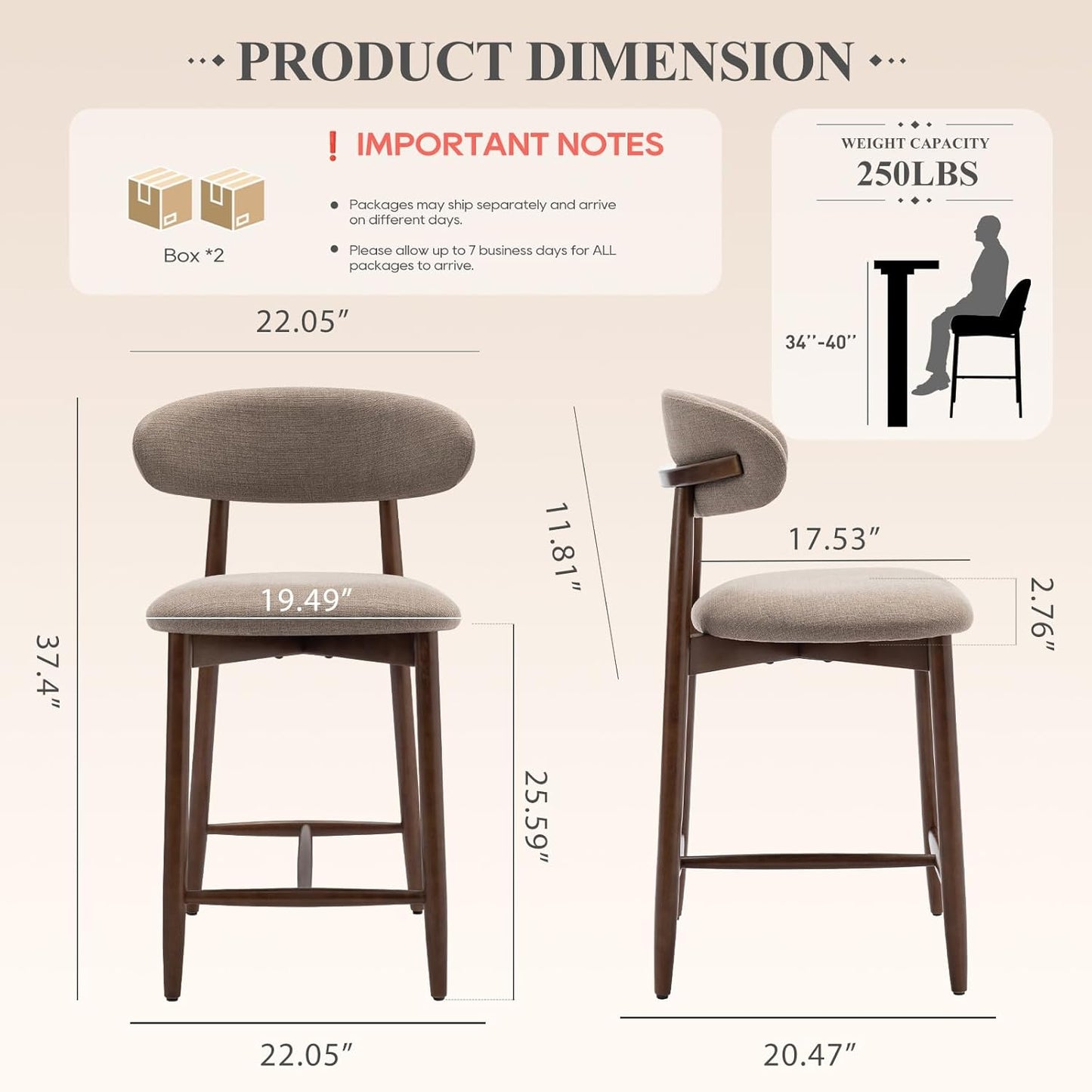 COLAMY Counter Height Bar Stools Set of 4, Kitchen Bar Stools with Back, Mid Century Modern Upholstered, with Wood Legs for Kitchen Island Dining Room, Camel