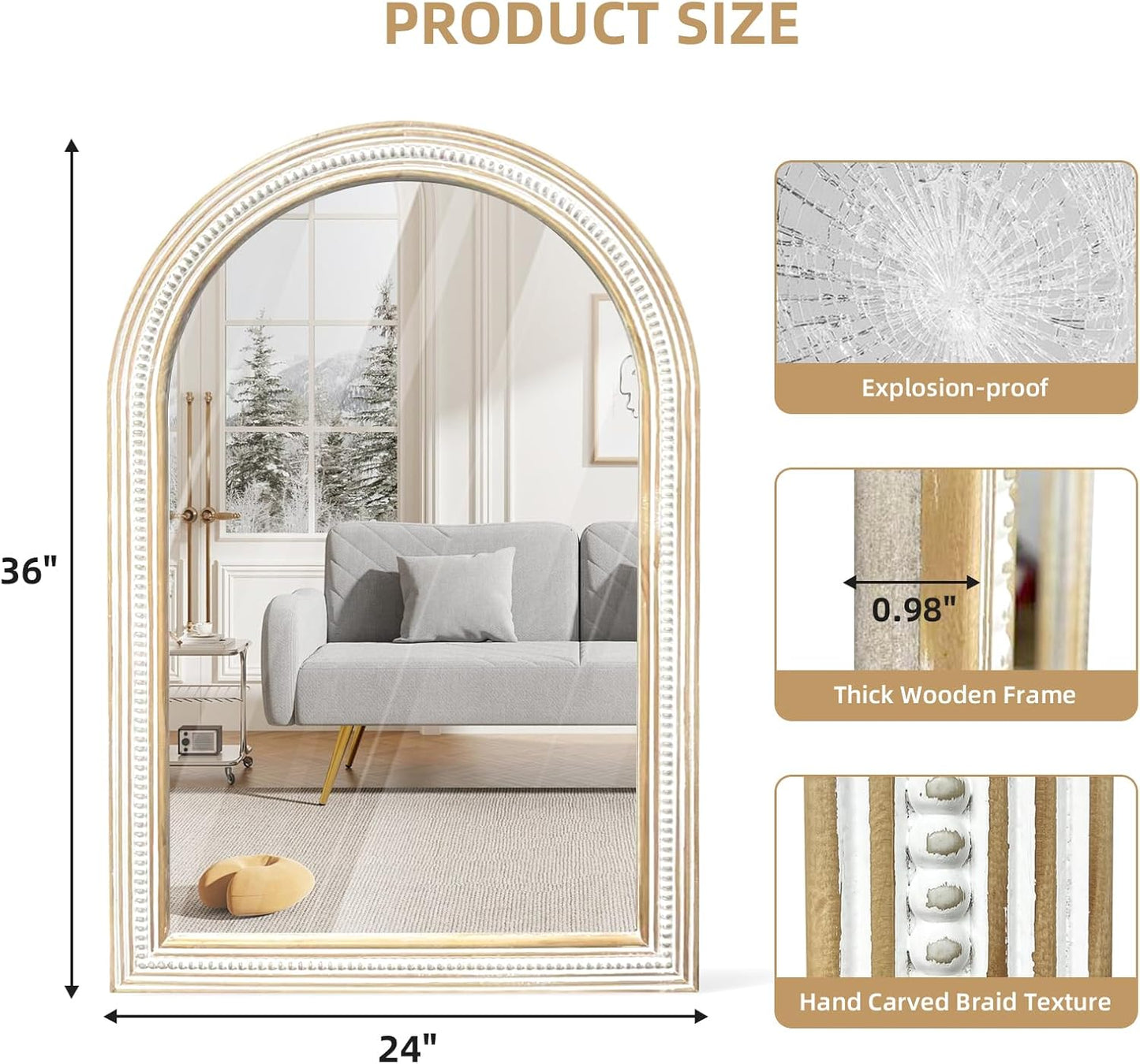 36x24 Inches Farmhouse Wooden Arched Wall Mirrors, Boho Decorative Arch Mirrors for Bathroom Over Sink, Living Room, Hallway, Foyer, Entryway