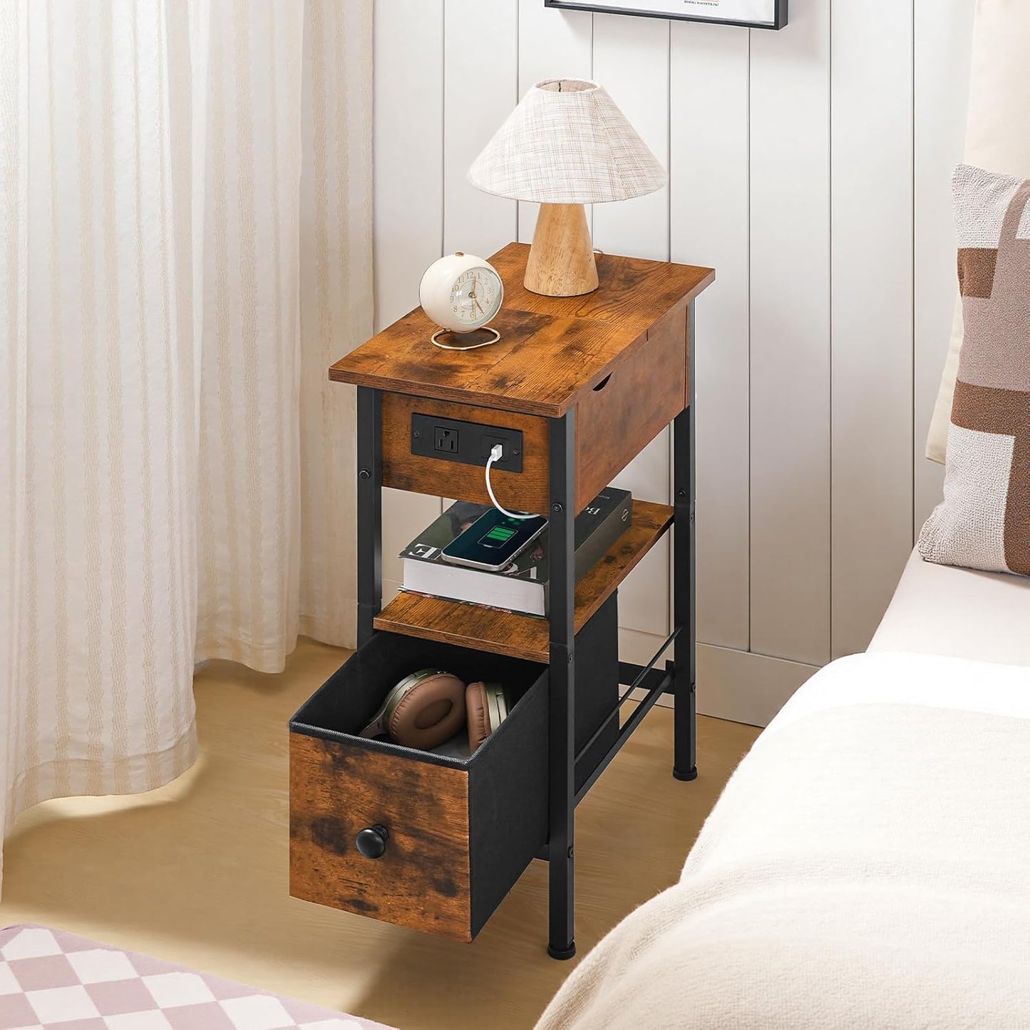 HOOBRO End Table with Charging Station, Flip Top Narrow Side Table with Storage Drawer, Slim Nightstand Bedside Tables, for Small Space, Living Room, Bedroom, Rustic Brown and Black BF343UBZ01G1