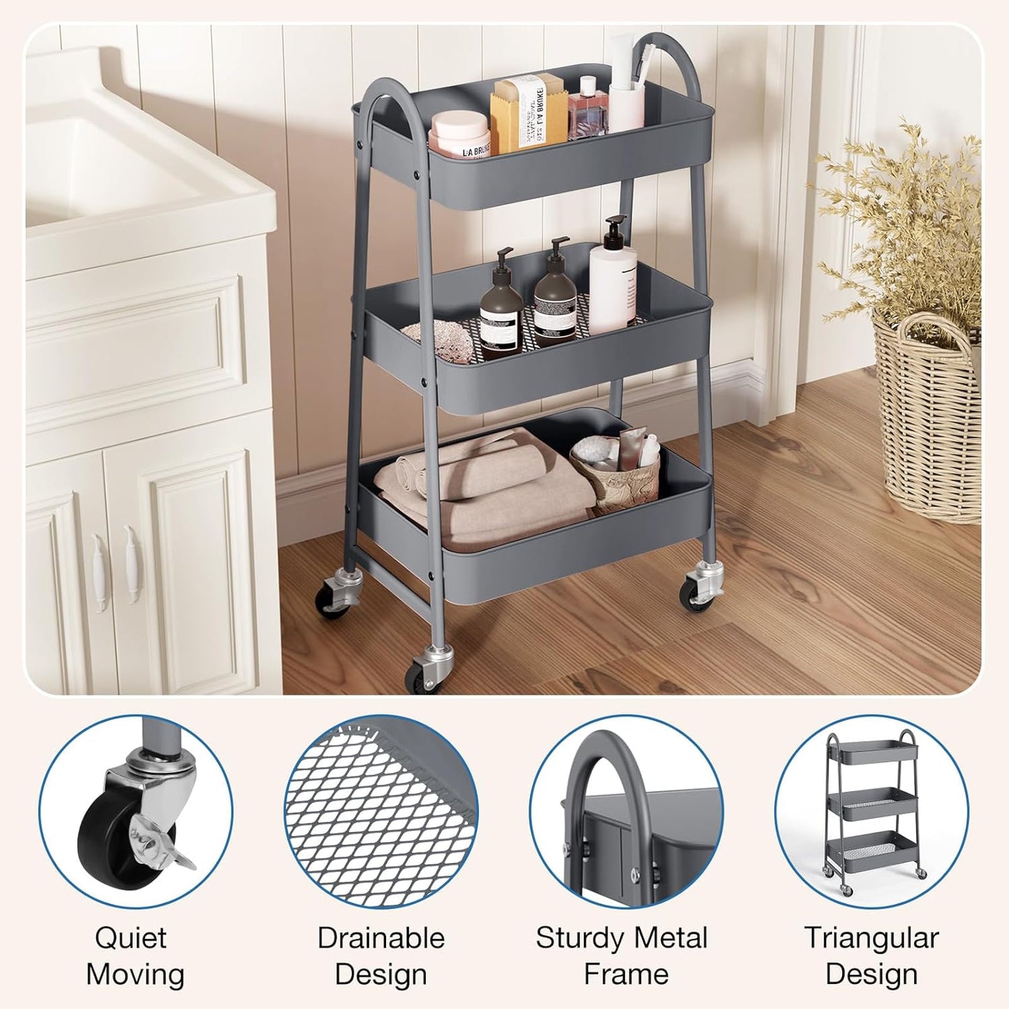 OLIXIS 3 Tier Utility Rolling Cart, Metal Mobile Storage Shelf with Lockable Caster Wheels, Organization for Livingroom, Bathroom, Kitchen, & Narrow Places, Gray