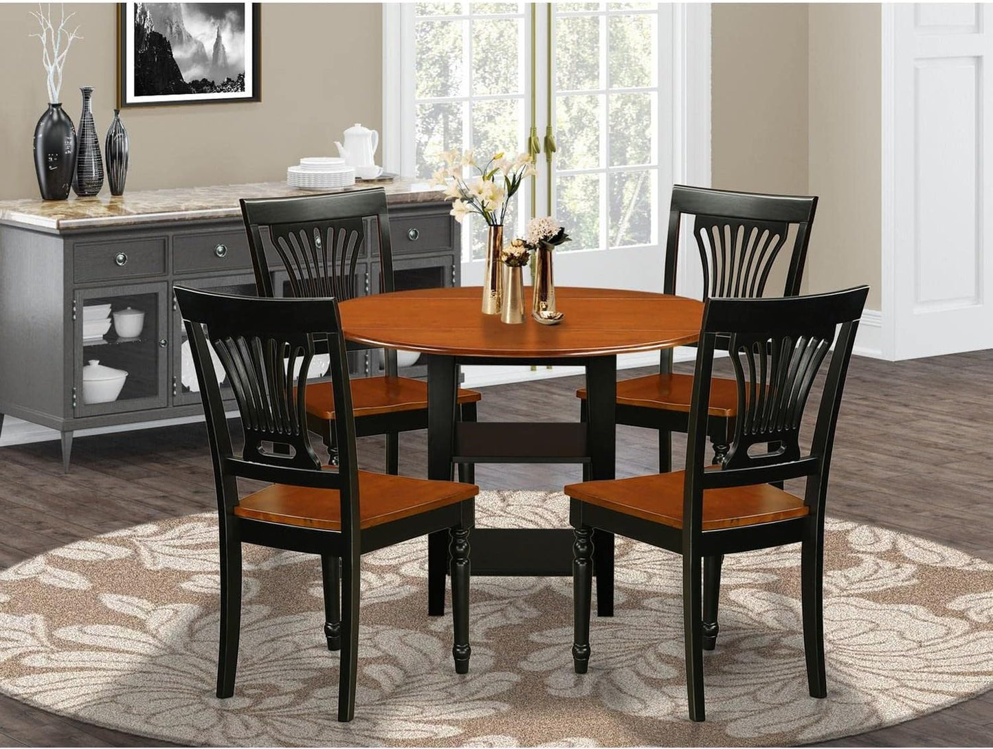 East West Furniture SUPL5-BCH-W 5 Piece Dining Set Includes a Round Dining Room Table with Dropleaf & Shelves and 4 Kitchen Chairs, 42x42 Inch, Black & Cherry