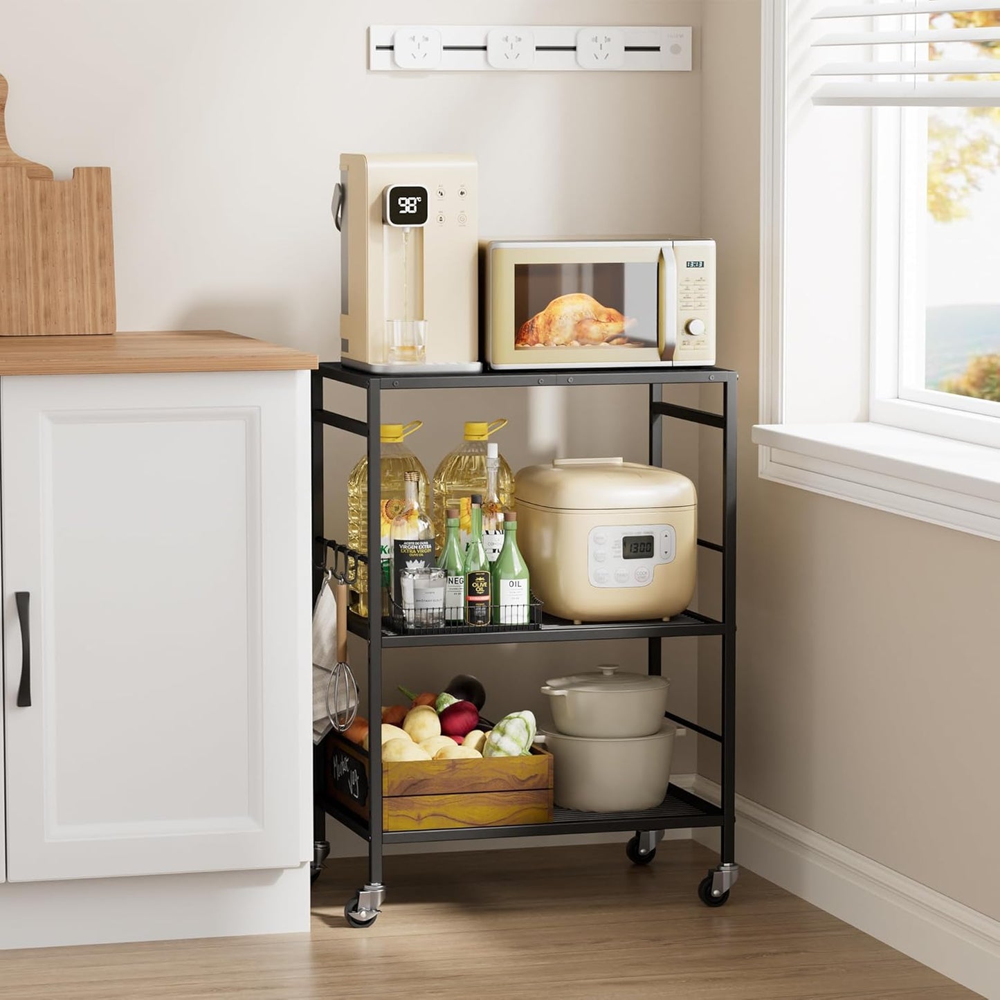 3-Tier Kitchen Cart with Adjustable Shelves - Microwave Storage Cart & Utility Rolling Organizer, Industrial Wheels for Small Spaces, 15.7"x23.6"x33.7" Black Panel and Black Frame