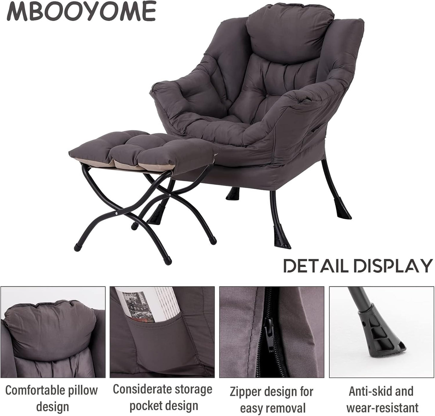 Lazy Chair with Folding Ottoman, Modern Accent Lounge Armchair with Armrests and a Side Pocket & Foldable Footstool, Leisure Reading Chair for Living Room, Bedroom, Dorm & Office, Dark Grey