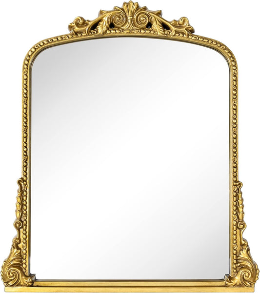Antiqued Gold Ornate Mirror Arched Mantel Wall Mirror Baroque Inspired Bathroom Vanity Rectangle Wall Mounted Mirror, 30 x 34''
