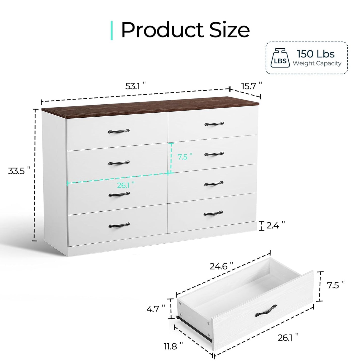 LINSY HOME 8 Drawer Dresser for Bedroom, 54" Wide Chest of Drawers, Modern TV Stand Dressers with Wood Frame and Metal Handles, Large Drawer Organizer for Bedroom, Living Room, White
