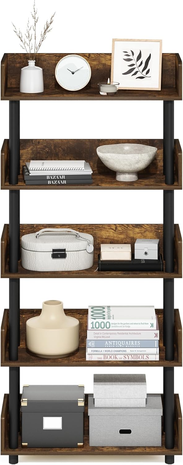 Furinno Turn-N-Tube 5-Tier Multipurposes Display Rack, Open Shelf Rack/Storage with Back & Side Panel, Amber Pine/Black