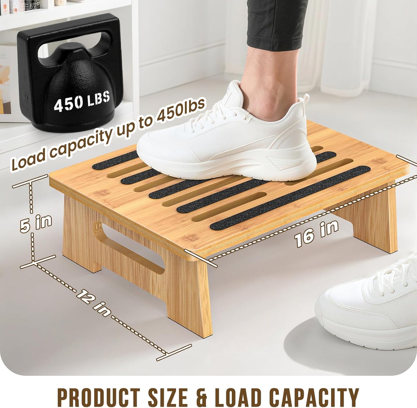 One Step Stool for Adults Seniors and Kids with Non-Slip Surface, Natural Bamboo Stepping Stools for High Bed, Bathroom and Kitchen, Hold Up to 450 LBS, Lightweight, Waterproof, Easy to Install
