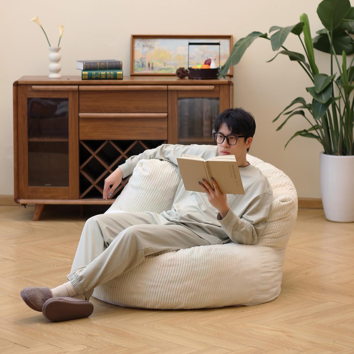 N&V Large Crescent Bean Bag Chair, Adult Size Bean Bag Sack, Foam Filling, Soft Premium Corduroy Bean Bag for Living Room Bedroom Dorm and Office (Ivory)