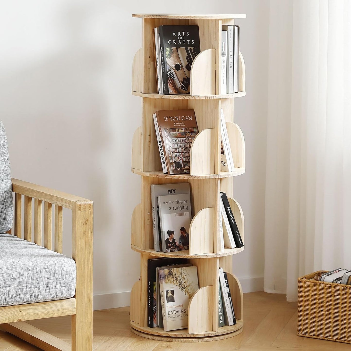 Rotating Bookshelf Tower, 4 Tier 360 Display Spinning Bookshelf, Solid Wood Revolving Bookcase for Kid Adult, Corner Floor Rotating Bookcase for Bedroom, Living Room, Study Room, Small Space