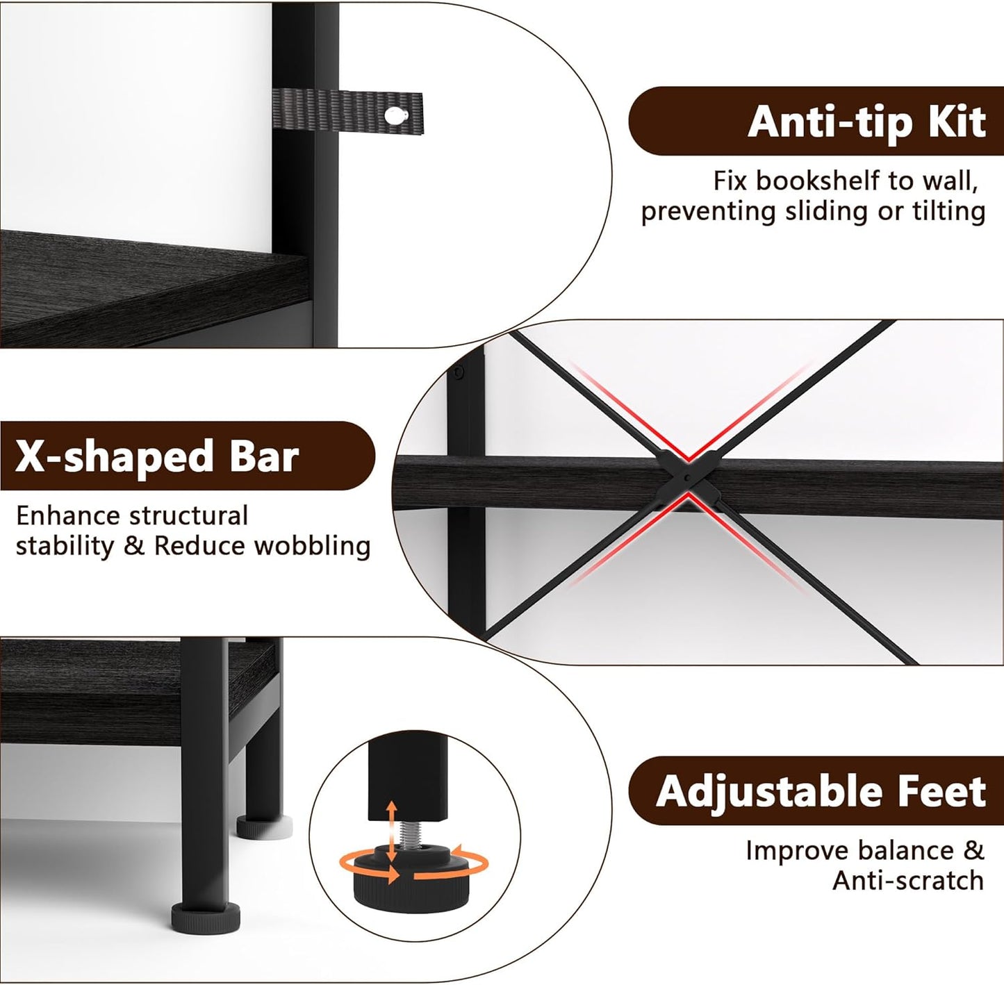 7-Tier Corner Bookshelf, Reversible Wooden Shelves, Industrial Bookcase with Open Shelves and Sturdy Metal Frame, Display Shelf Storage Rack for Living Room, Bedroom, Home Office (Black)