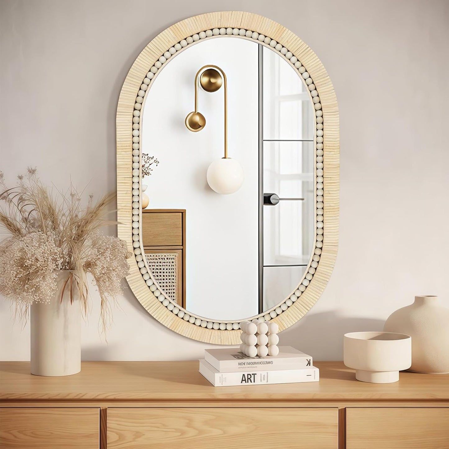 ULIKE Rattan Mirror for Bathroom, 20x30 Inch Oval Rustic Farmhouse Wall Decor with Handmade Wicker Frame, Boho Mirror for Nursery Bedroom Living Room Entryway