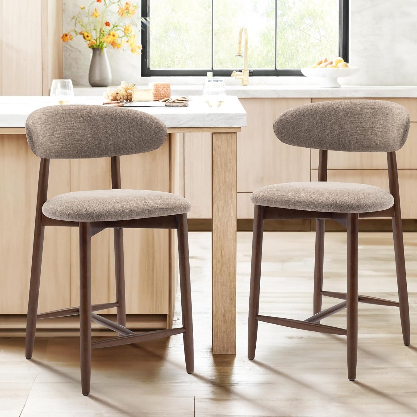 COLAMY Bar Stools Set of 2, Counter Height Barstools, Upholstered Counter Stools with Wood Legs for Kitchen Island Dining Room, Camel