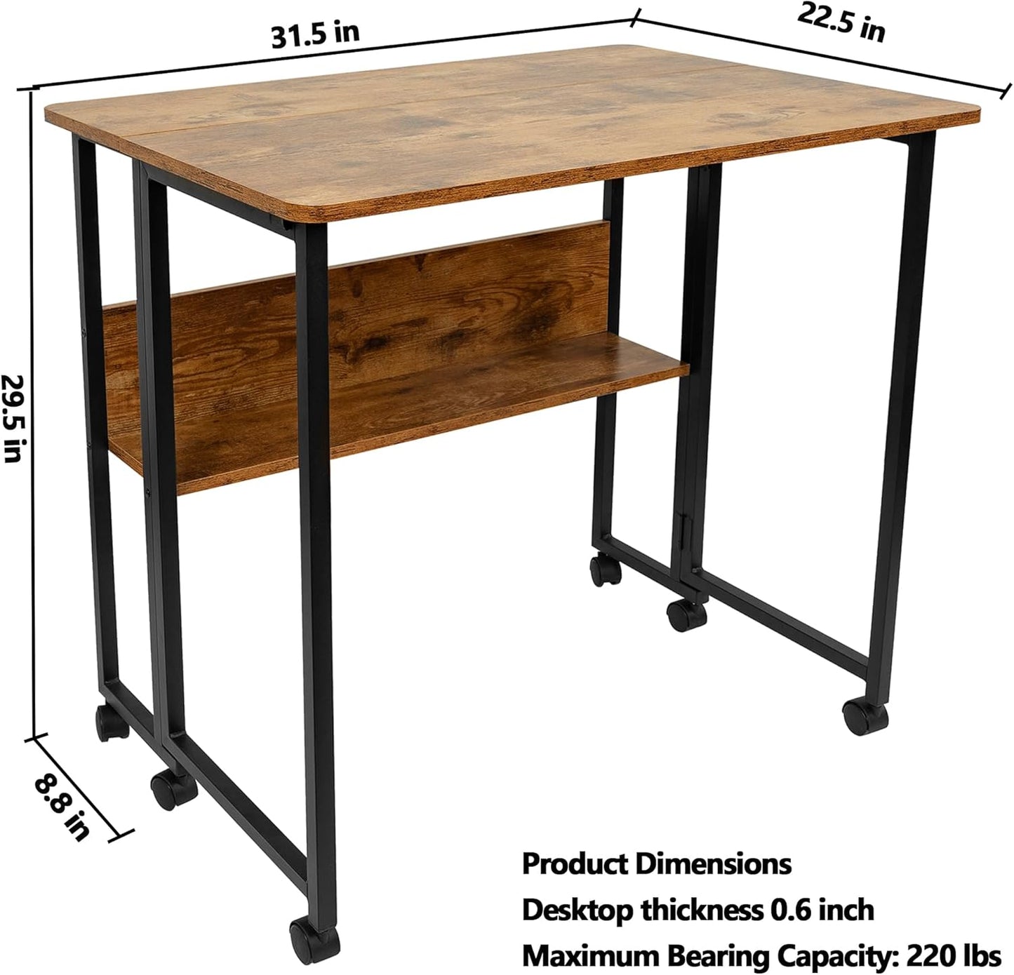 Mobile Foldable Desk w/Wheels and Feet Pads, Foldable Computer Desk, Folding Desk, Small Computer Desk for Small Spaces, Folding Table for Office Bedroom Living Room-Rustic Brown