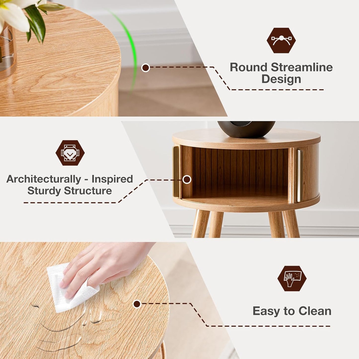 Side Table with Sliding Door & Cabinet, End Table for Living Room, Night Stand for Bedroom, Modern Bedside Table with Solid Wood Legs, Natural