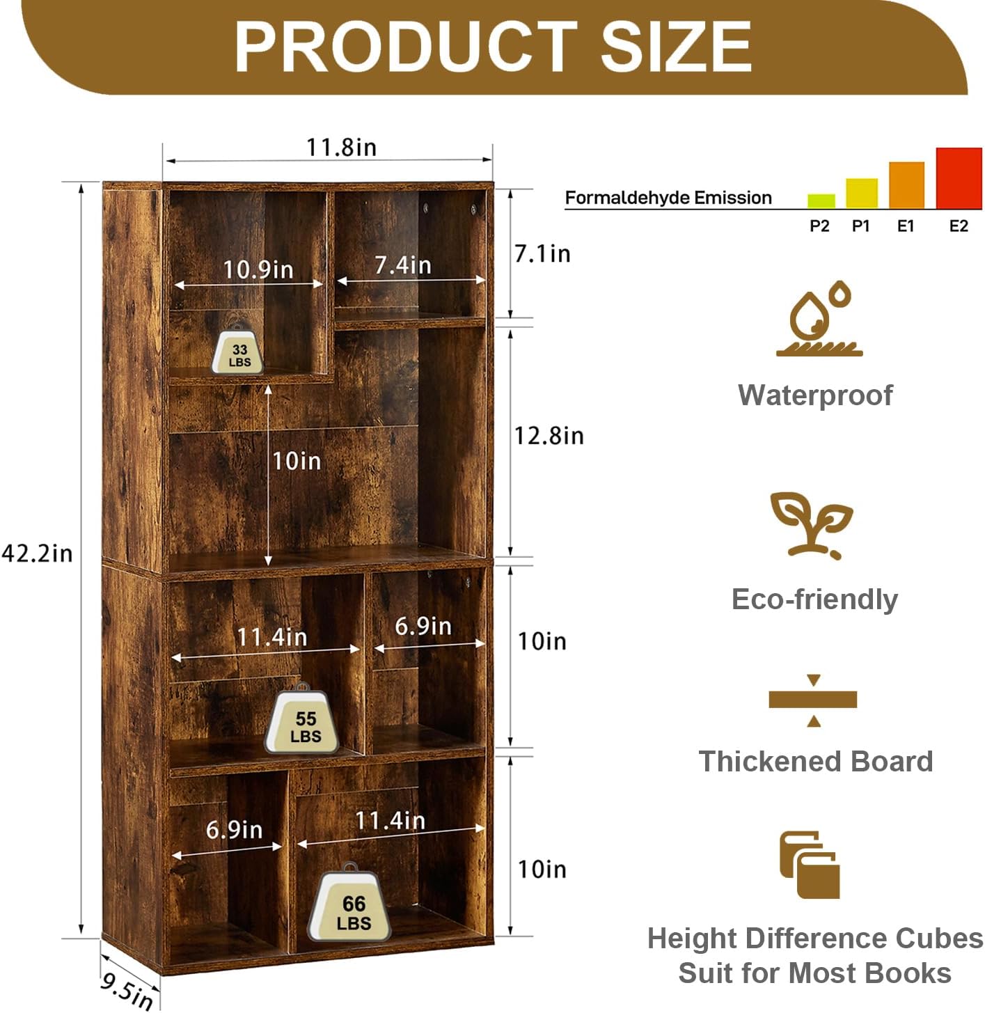 VECELO 4-Tier Modern Bookcase, 42 Inch High Storage Cabinet with Height Difference Shelves for Standard Textbooks, Floor Standing Display, 7 Cubes, Horizontal Avaiable, Easy Assembly, Rustic Brown
