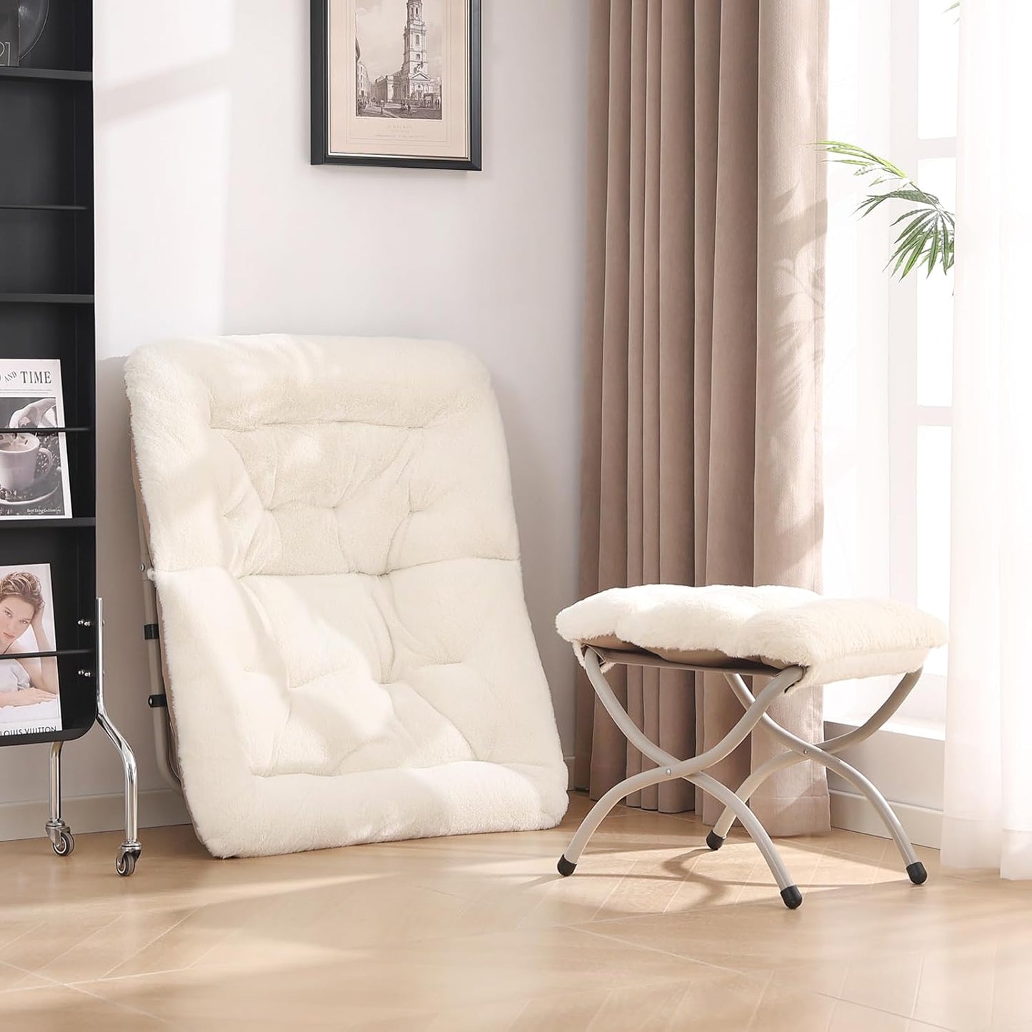 Saucer Chair with Ottoman, Comfy Oversized Folding Chair, Faux-Fur Reading Chair for Adults, Foldable Accent Lazy Chair, Metal Frame Lounge Chair for Living Room, Bedroom, Beige