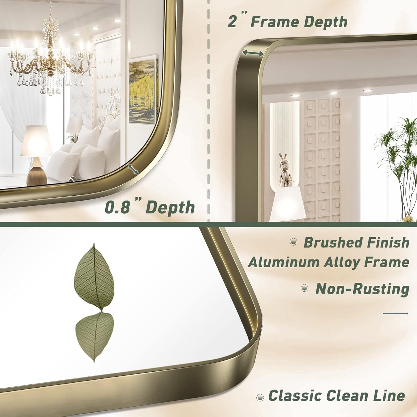 TokeShimi Gold Bathroom Mirror for Wall 48 x 30 Inch Metal Rounded Corner Rectangle Mirror Wall Mirror in Aluminum Alloy Metal Frame Deep Set Design Hangs Horizontal Or Vertical