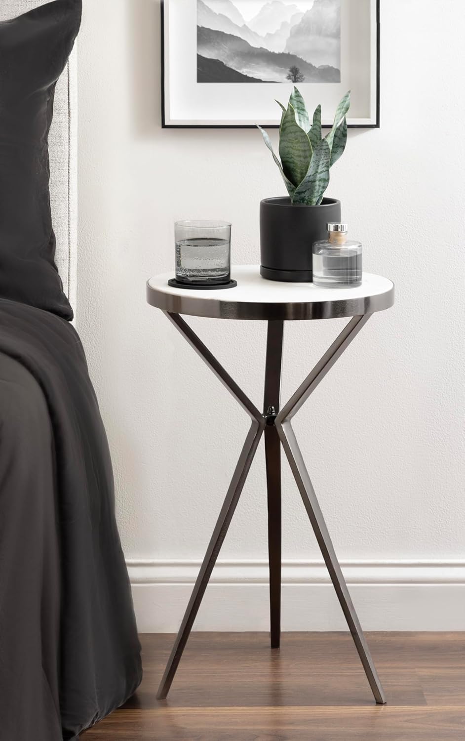 Kate and Laurel Gribben Modern Round Marble Side Table, 14 x 14 x 24, White and Gray Gunmetal, Tripod-Base Bedside Table for Display and Storage as a Bedroom Nightstand or Living Room Accent