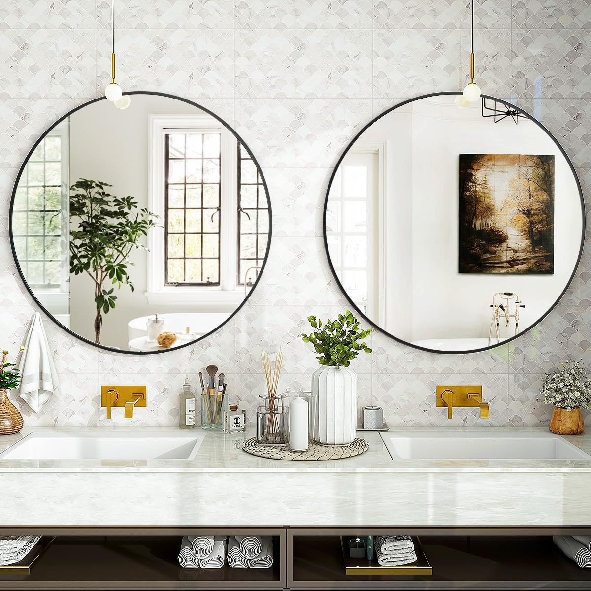 Black Round Bathroom Mirror, 24 inch Circle Wall Mounted Hanging Mirror with Simple Modern Circular Metal Frame for Hallway, Entryway, Living Room, Black Frame