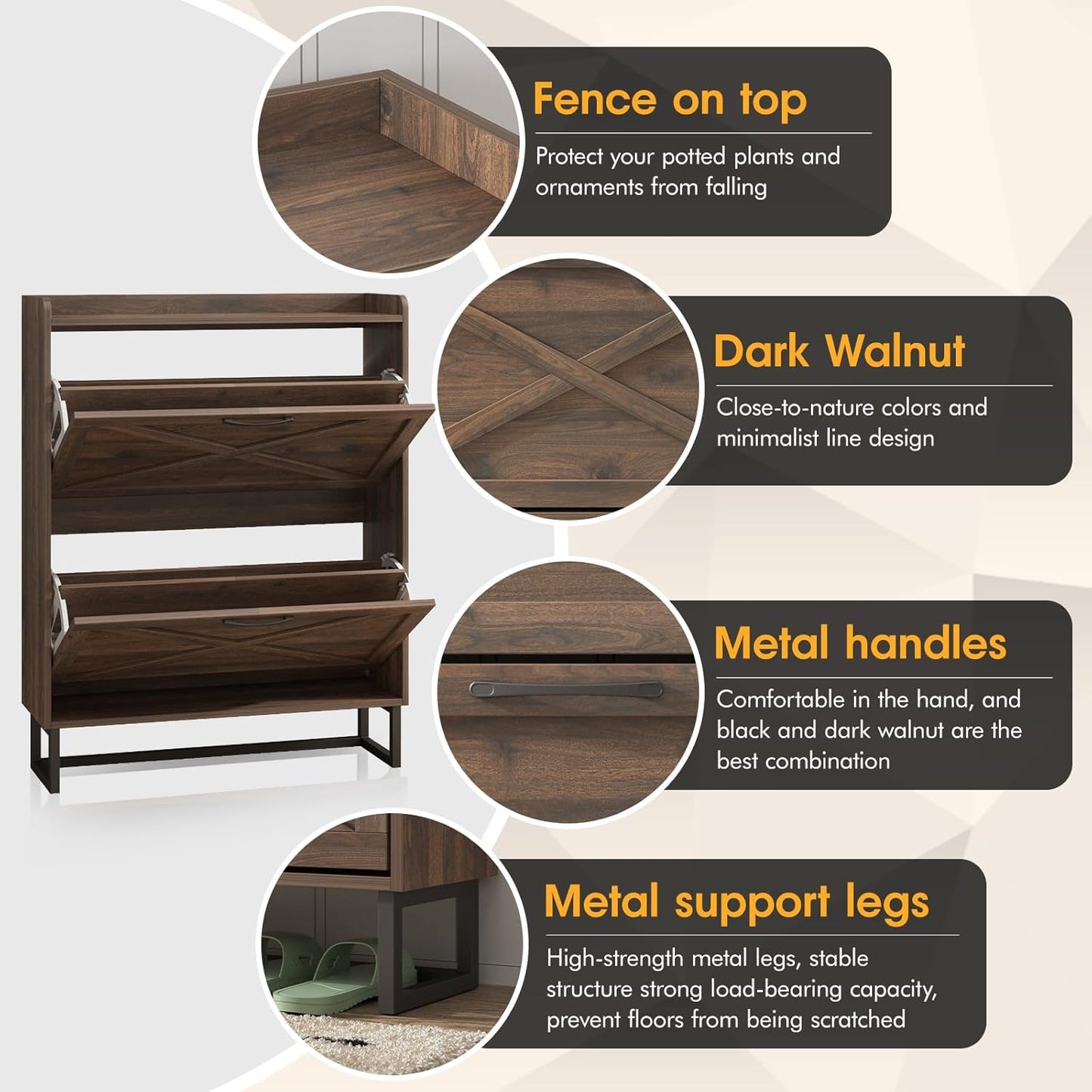 Maupvit Shoe Storage Cabinet with 2 Flip Drawers, Freestanding Organizer with Metal Legs for Entryway, Narrow Shoe Rack Cabinet, Dark Walnut