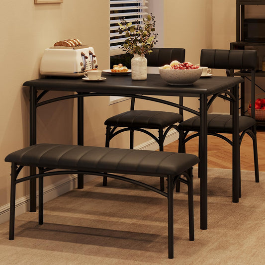 Dining Table Set for 4, Small Dining Table Set with Upholstered Bench and 2 Chairs, Kitchen Table and Chairs for 4, for Small Space, Apartment, Dinner, Rustic Black