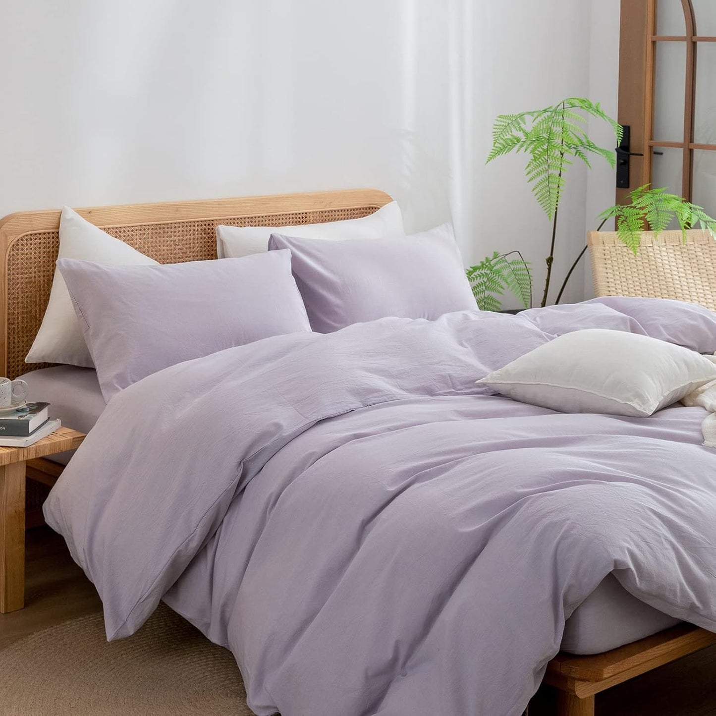 BESTOUCH Duvet Cover Set 100% Washed Cotton Linen Feel Super Soft Comfortable Chic Lightweight 3 PCs Home Bedding Set Solid Taro Purple Full/Double