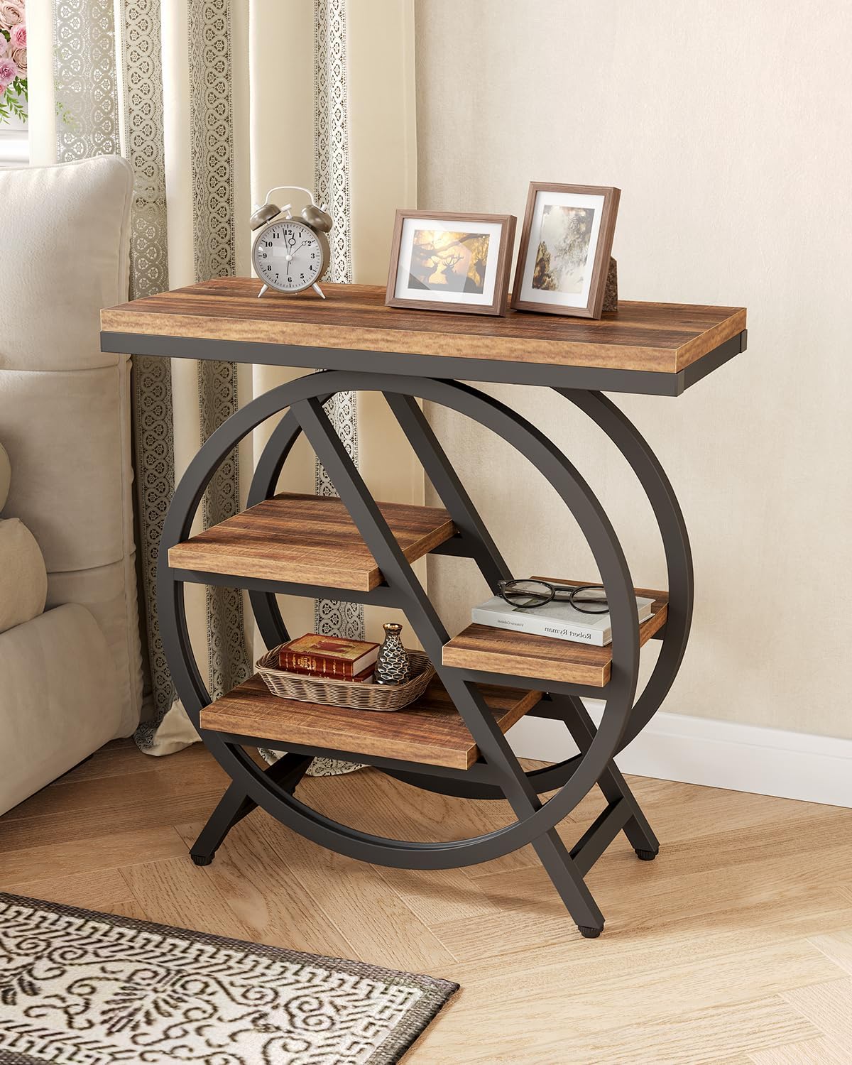 End Table, Narrow Side Table with 4-Tier Large Storage Space, Modern Bedside Table for Living Room, Home Office, Bedroom, Brown