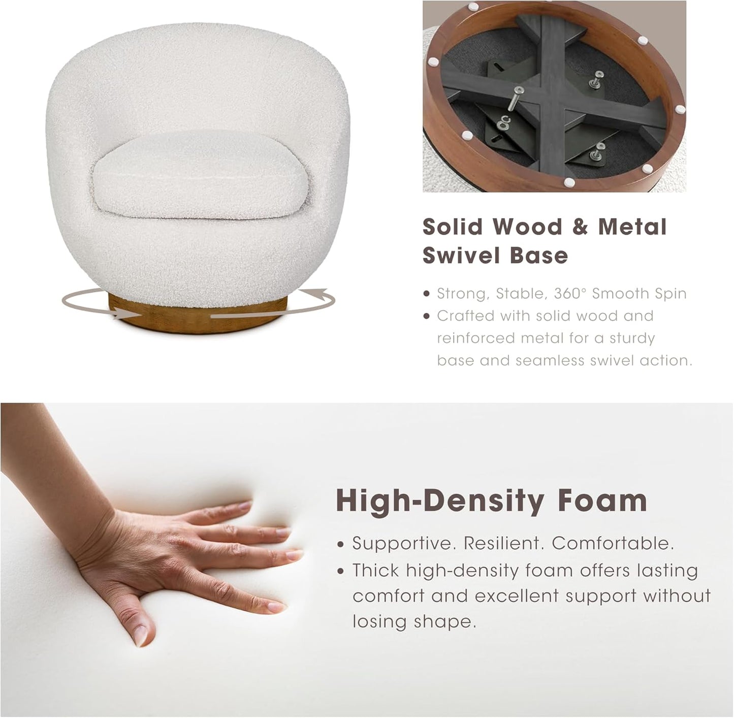 INK+IVY Jessel Swivel Accent Chair – Barrel Back Design, Sherpa Upholstery, 360-Degree Wood Base, Modern Lounge Seating for Living Room or Bedroom, 32" W, Cream