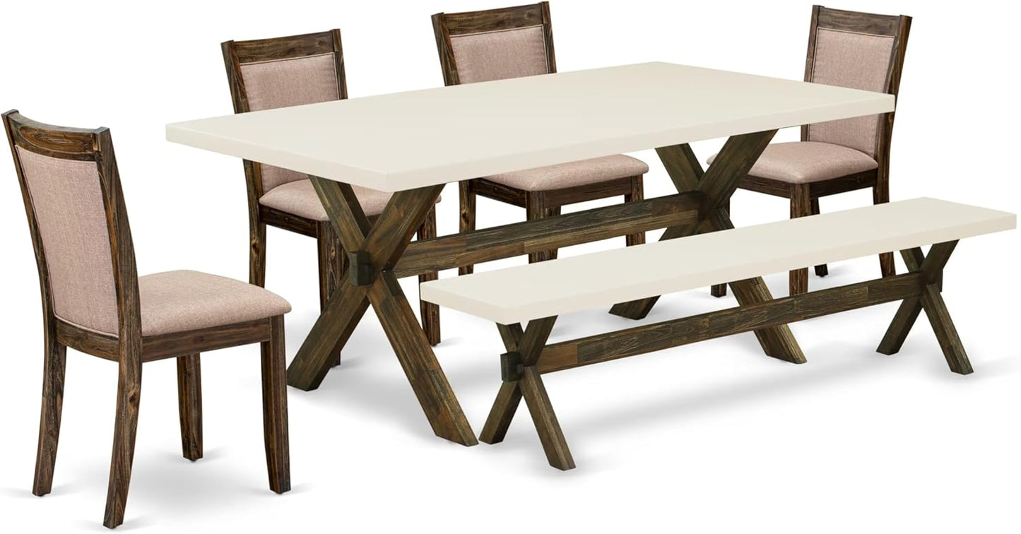 East West Furniture X727MZ716-6 6 Piece Dinette Set Contains a Rectangle Dining Table with X-Legs and 4 Dark Khaki Linen Fabric Parson Chairs with a Bench, 40x72 Inch, Multi-Color