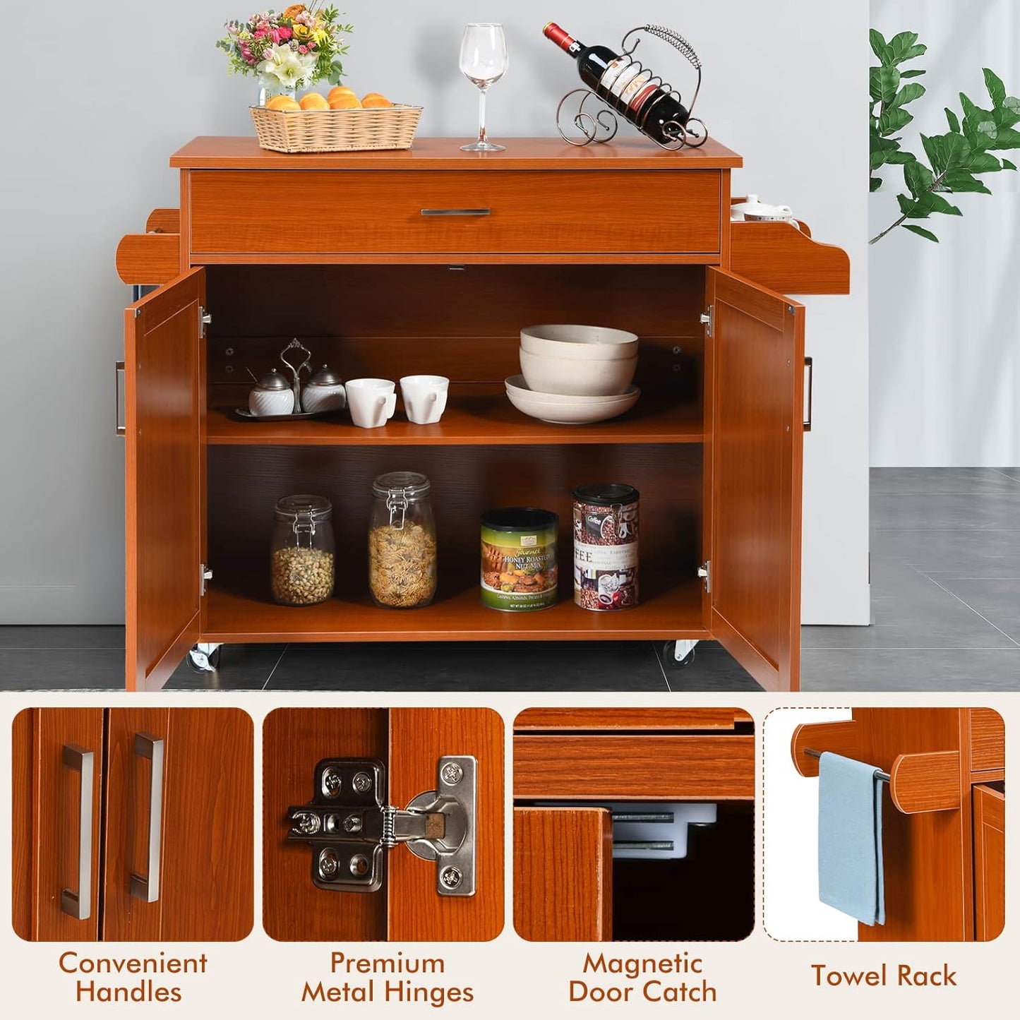 COSTWAY Kitchen Island Cart, Rolling Storage Trolley Cart with Lockable Rubber Wheels, Large Cabinet, Drawer, Spice Rack and Towel Rack, Kitchen Serving Utility, 3-Position Adjustable Shelf (Cherry)