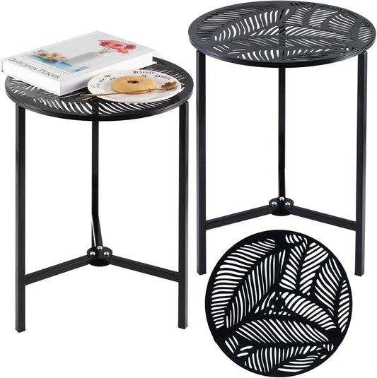 2 Packs 13" Metal Outdoor Side Tables Small Black Outside End Table for Patio Round Accent Corner Stand for Small Spaces Weather-Resistant Coffee Table for Balcony Porch Plant Stand, Palm Leaf