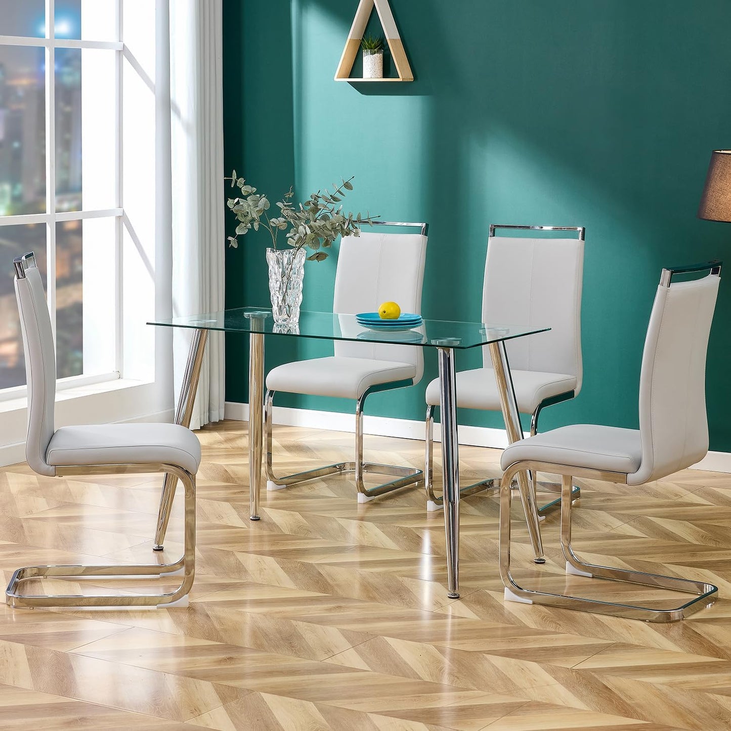 Dining Chairs Set, Kitchen Modern Metal Chairs with Faux Leather Padded Seat High Back and Sturdy Chrome Legs, Chairs for Dining Room (Light Gray, Set of 2)