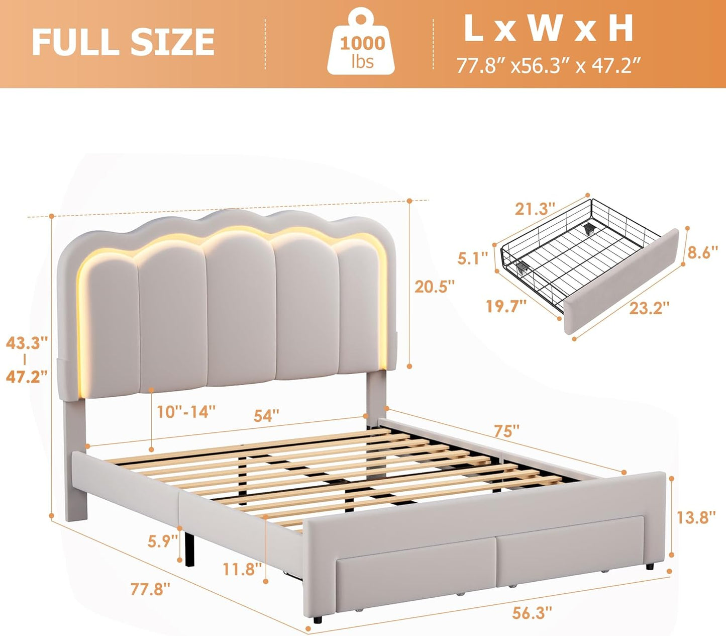 Full Upholstered LED Bed Frame with 2 Storage Drawers and Adjustable Chic Double Wavy Headboard, Velvet Prince Platform Bed with Charing Station, Solid Wood Slats Support,No Box Spring Needed,Grey