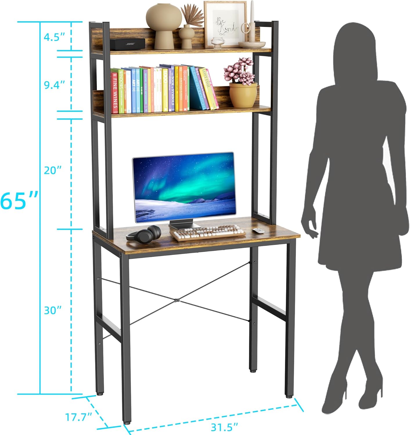Aquzee 31 Inch Desk Hutch, Teen Desk with Shelves, Study Desks with Storage, Computer Desks for Small Spaces, Kids, Student, Space Saving, Easy Assemble, Rustic Brown