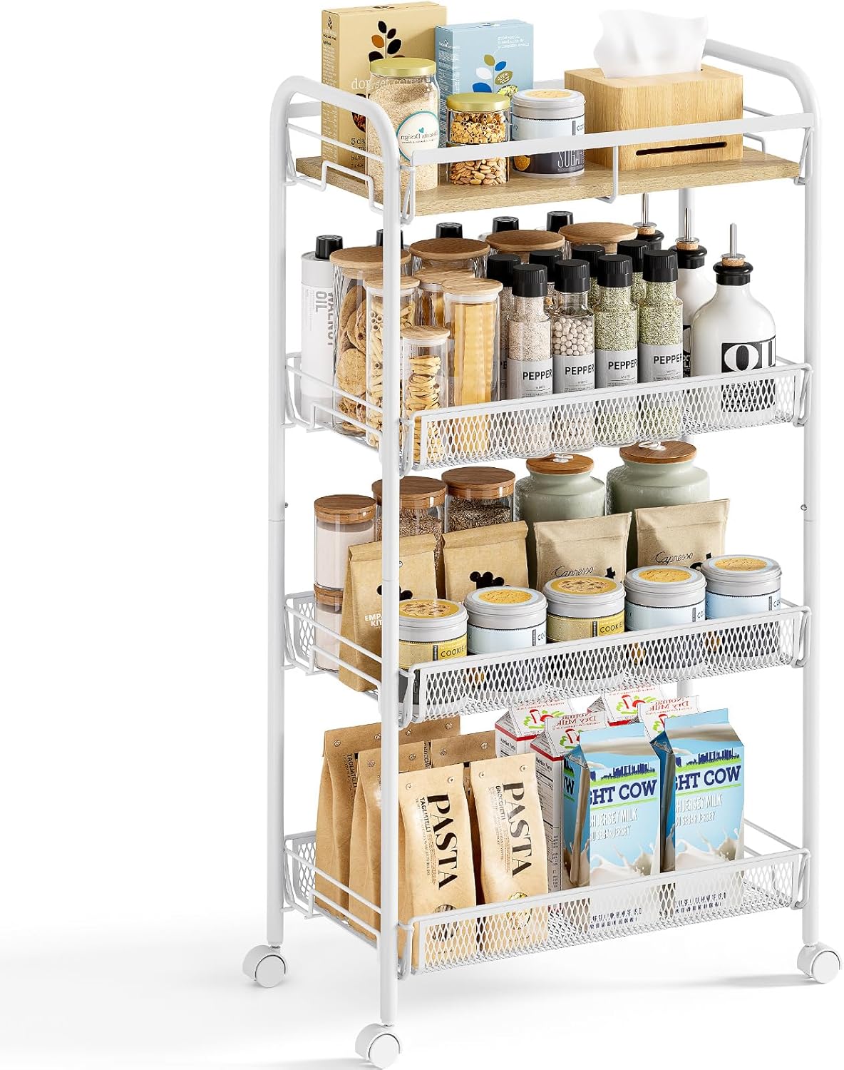 KINGRACK Metal Wide Rolling Cart, 4-Tier Metal Utility Cart, Storage Cart with Wooden Tabletop, for Laundry Bathroom Kitchen Room Bedroom Apartments Dormitory (Pure White, Wide)