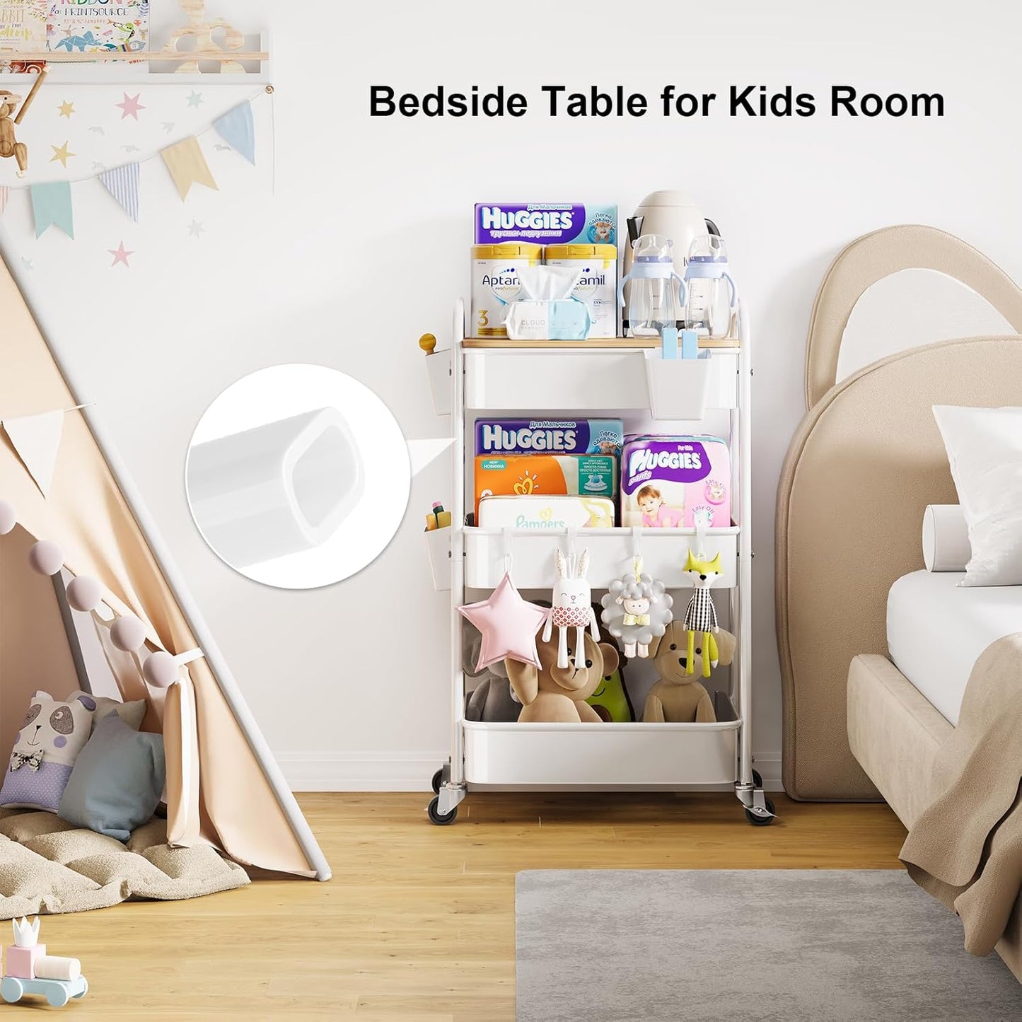 3 Tier Rolling Cart Metal with Wheels and Bamboo Table Top, Art Cart Organizer on Wheels, White Three Tiered Storage Utility Carts for Craft, Baby, Diaper Caddy,Coffee,Kitchen,Cleaning,Office Supplies