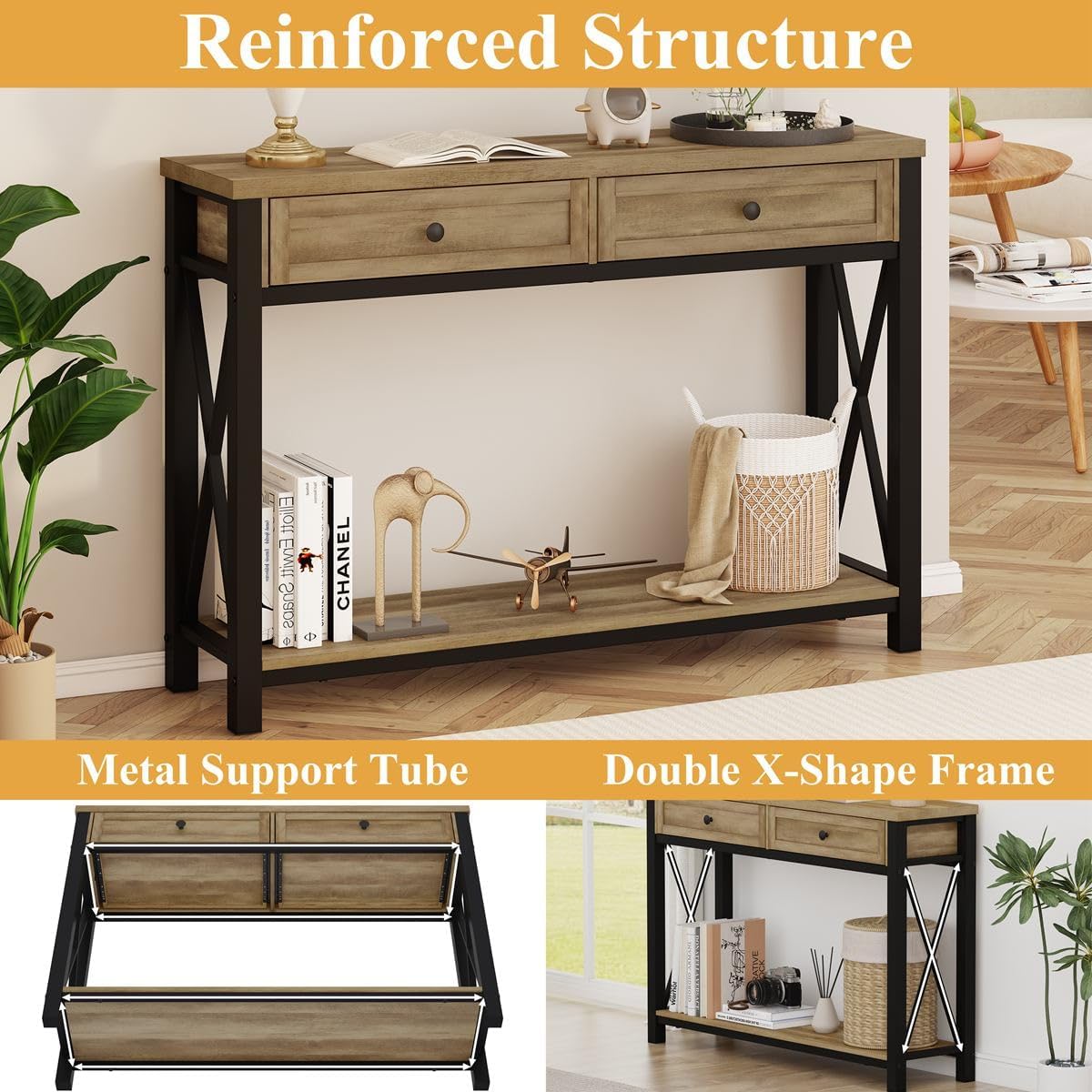 BON AUGURE Entryway Table with Drawers, Sofa Table with Storage, Couch Tables Behind Sofa for Living Room, Foyer Tables for Hallway, Entry, Front Door (Vintage Oak, 47 Inch)