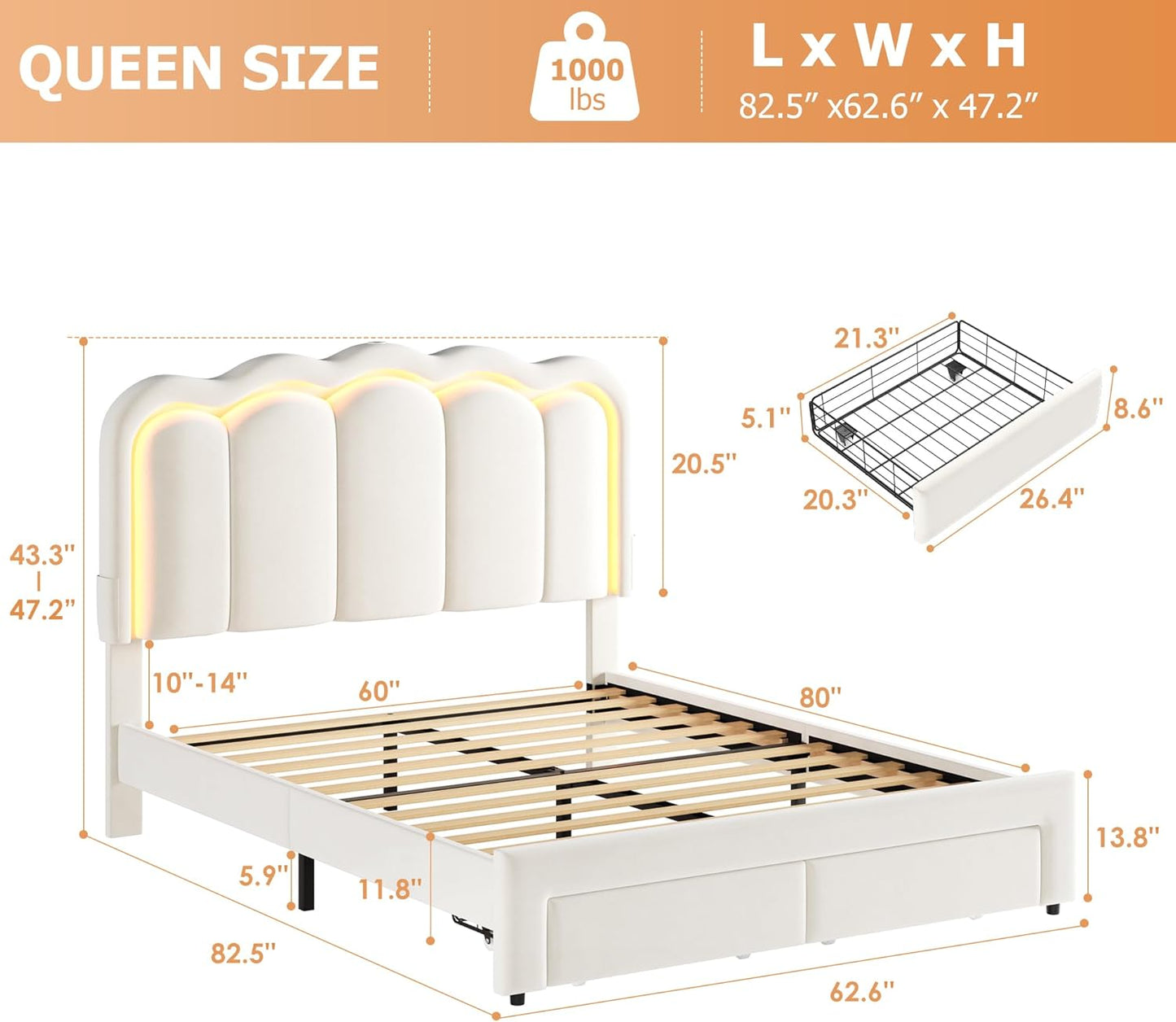 Queen Upholstered LED Bed Frame with 2 Storage Drawers and Adjustable Chic Double Wavy Headboard, Velvet Princess Platform Bed with Charing Station, Solid Wood Slats Support,No Box Spring Needed,Beige