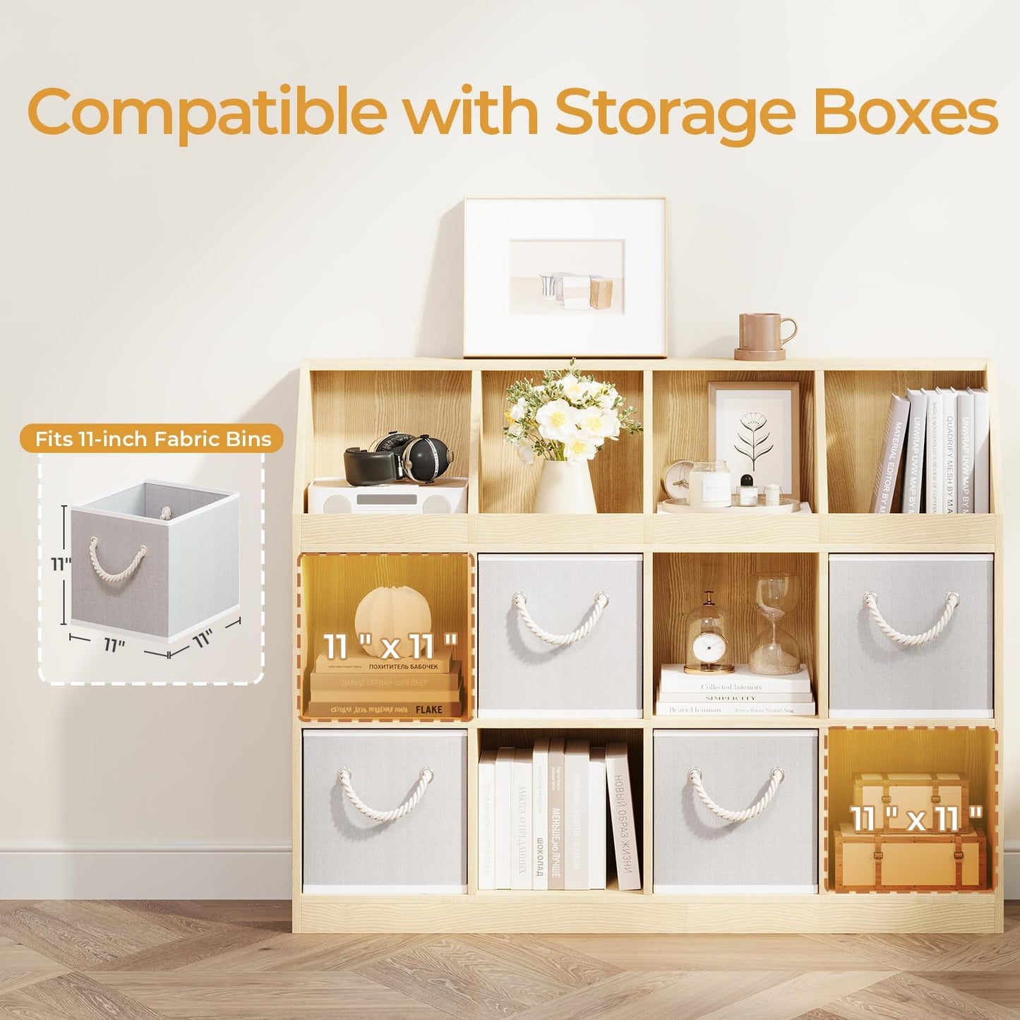 6-Cube Wooden Storage Bookcase - 11-Inch Open Shelf Cabinet, Simple Modern Bookshelf Organizer for Home Office, Living Room, Oak