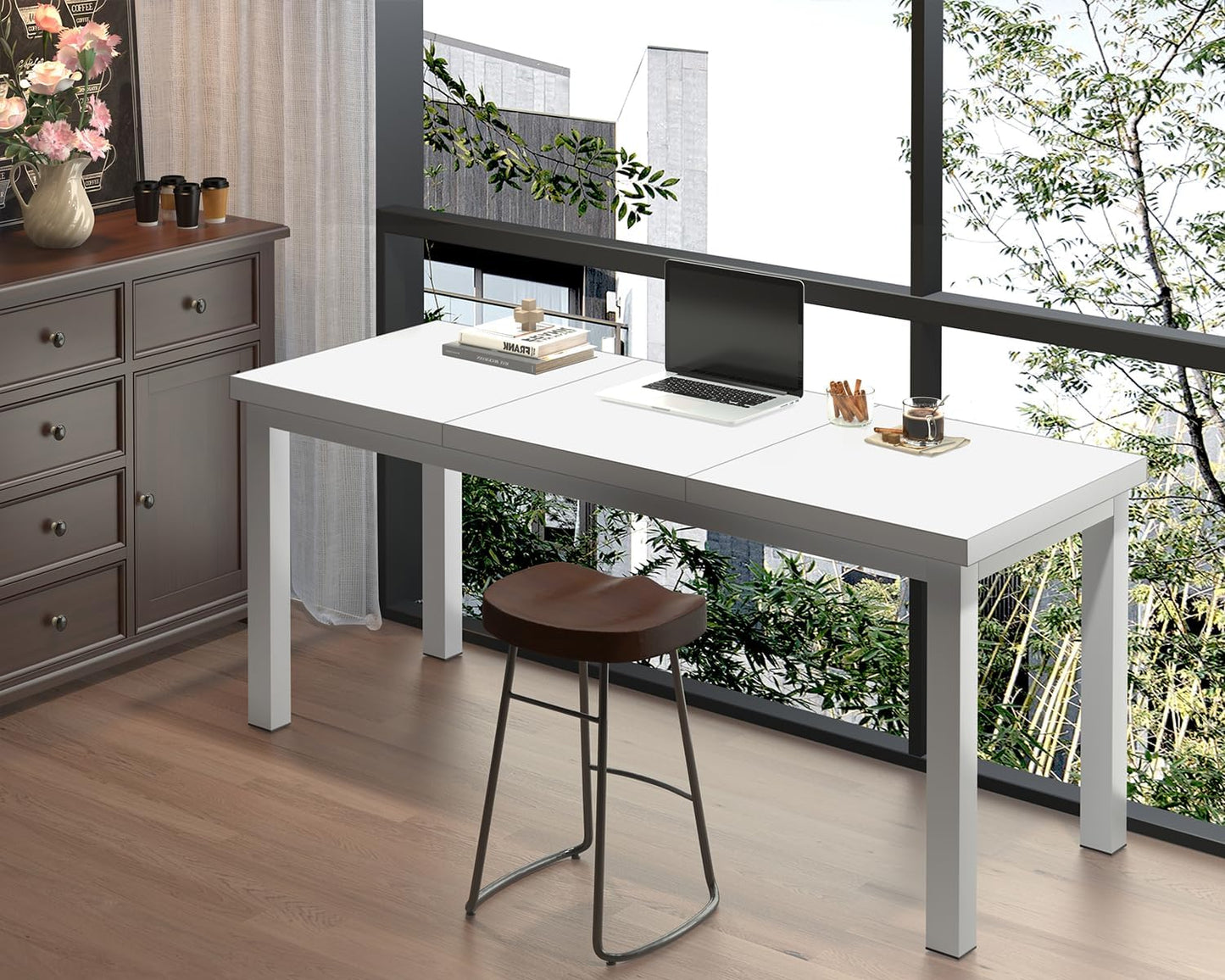 55.1 Inch Small Computer Desk, Home Office Desk, Modern Desk Table for 2 Person Kids Student Gaming Computer Desk, Simple Office Desk for Work,Craft,Writing,Studying, Etc., White