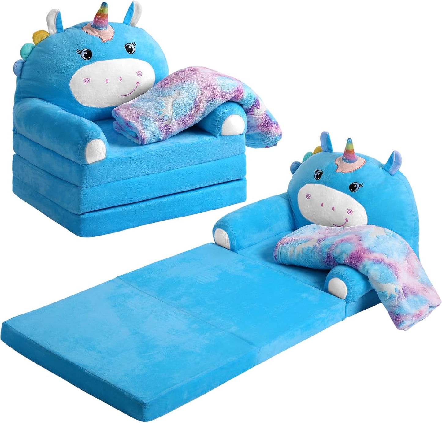 Unicorn Kids Couch Fold Out 2-in-1 Toddler Sofa Fold Out with Blanket, Soft Toddler Chair Comfy for Boys Girls Baby, Convertible Sofa to Lounger for Napping Reading Playing Christmas, Blue